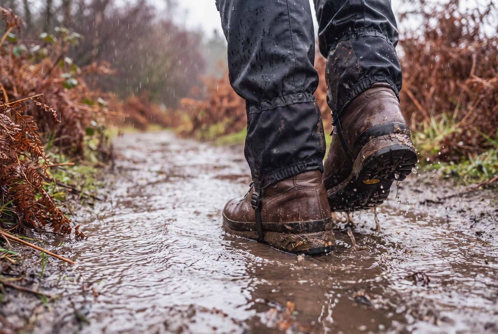 Muddy walking boots striding through a puddle