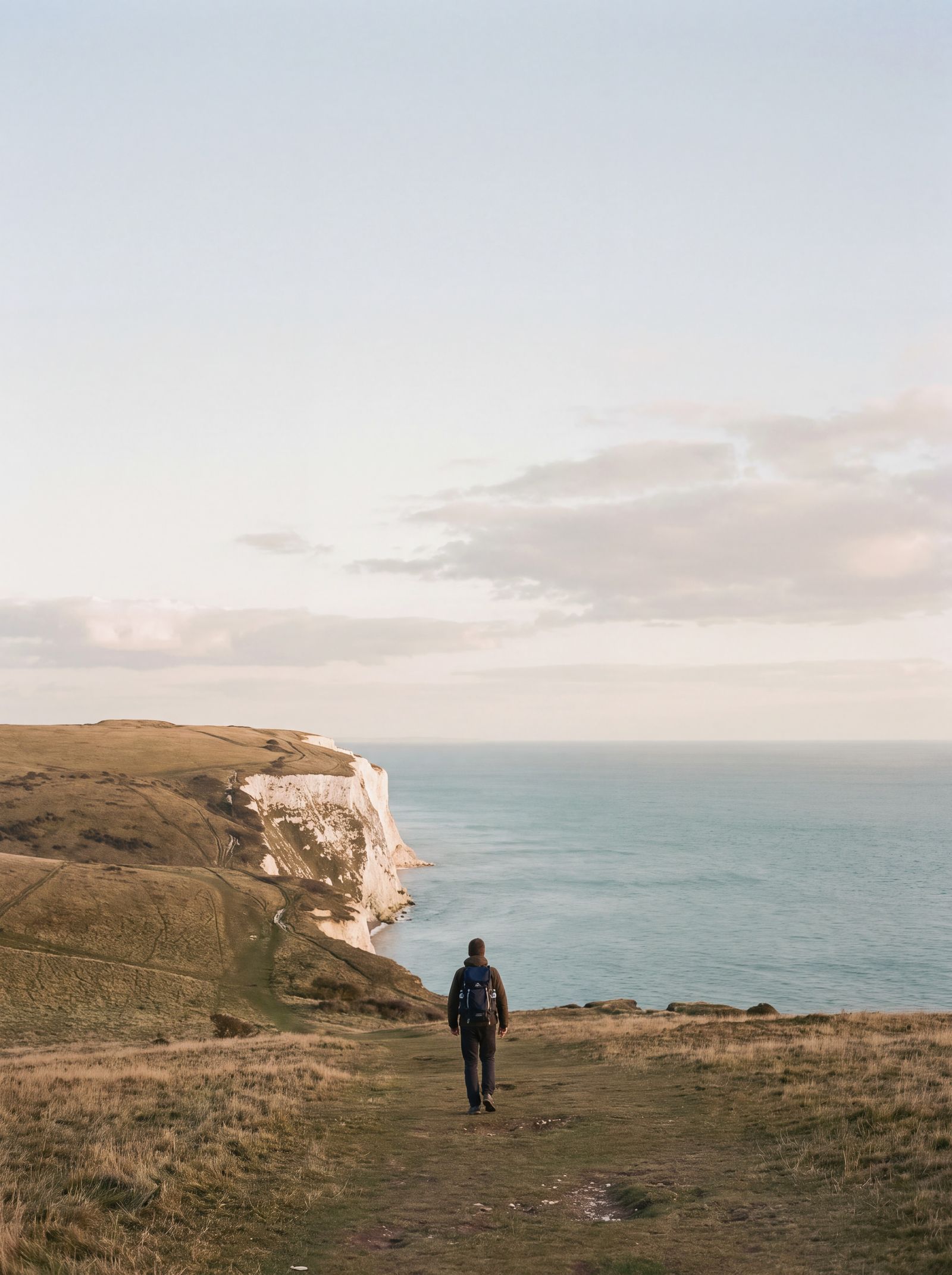 A walker on the Dorset coast path above chalk cliffs