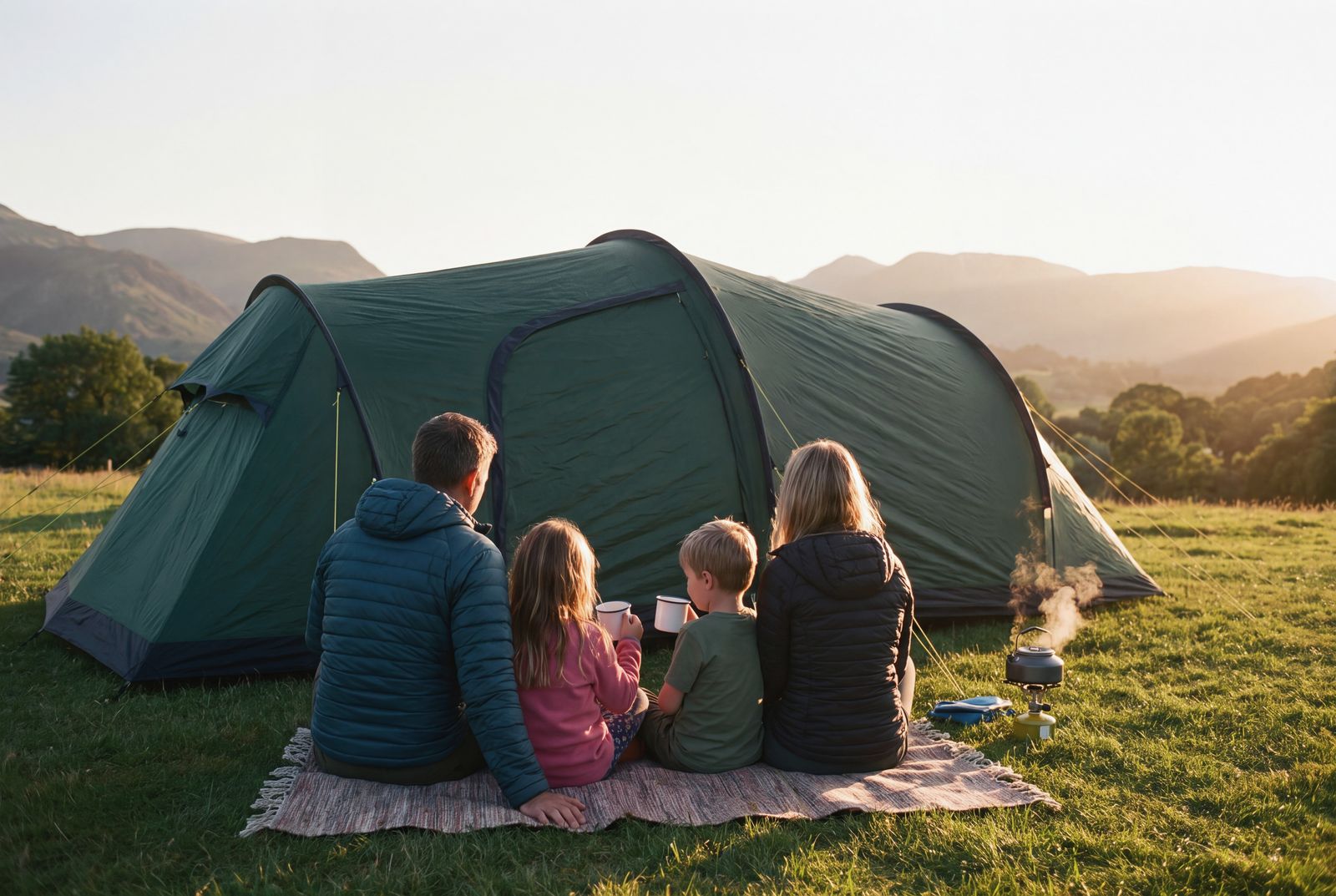 A family outside a green tent at a Lake District campsite