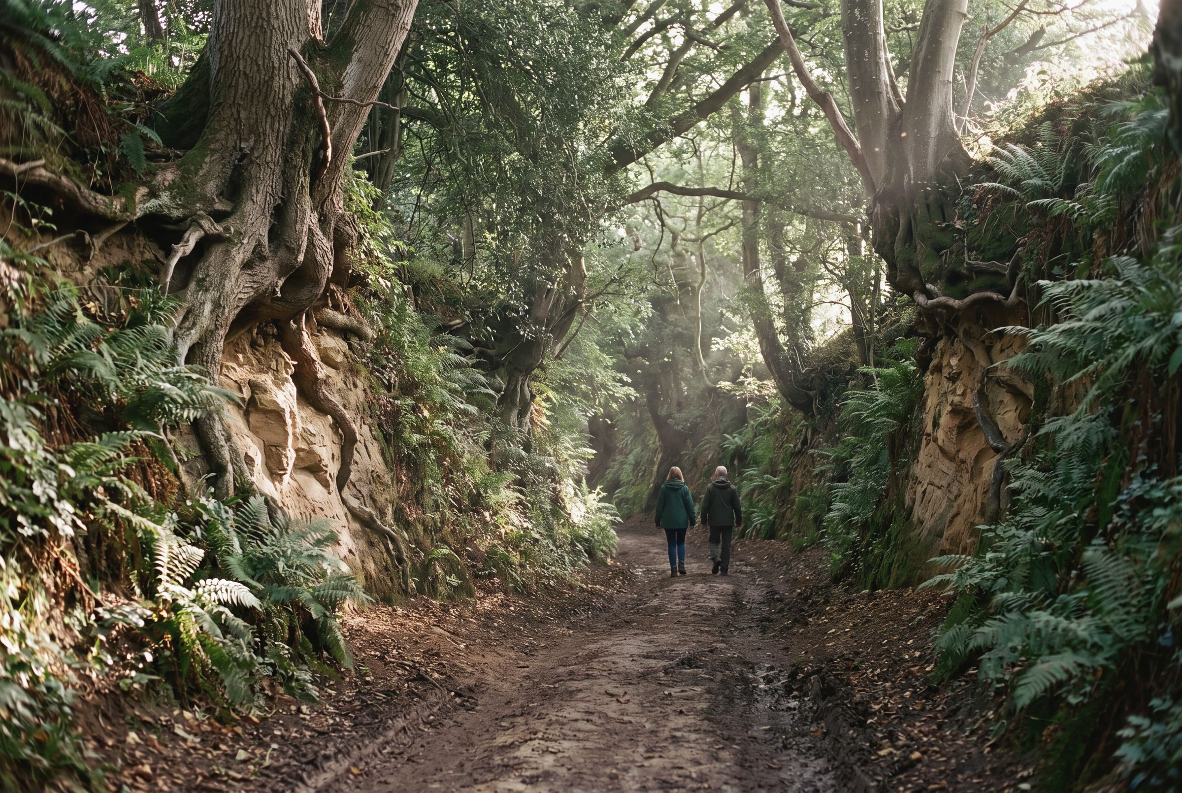 Two walkers in a sunken lane in Dorset, a holloway, under a canopy of trees