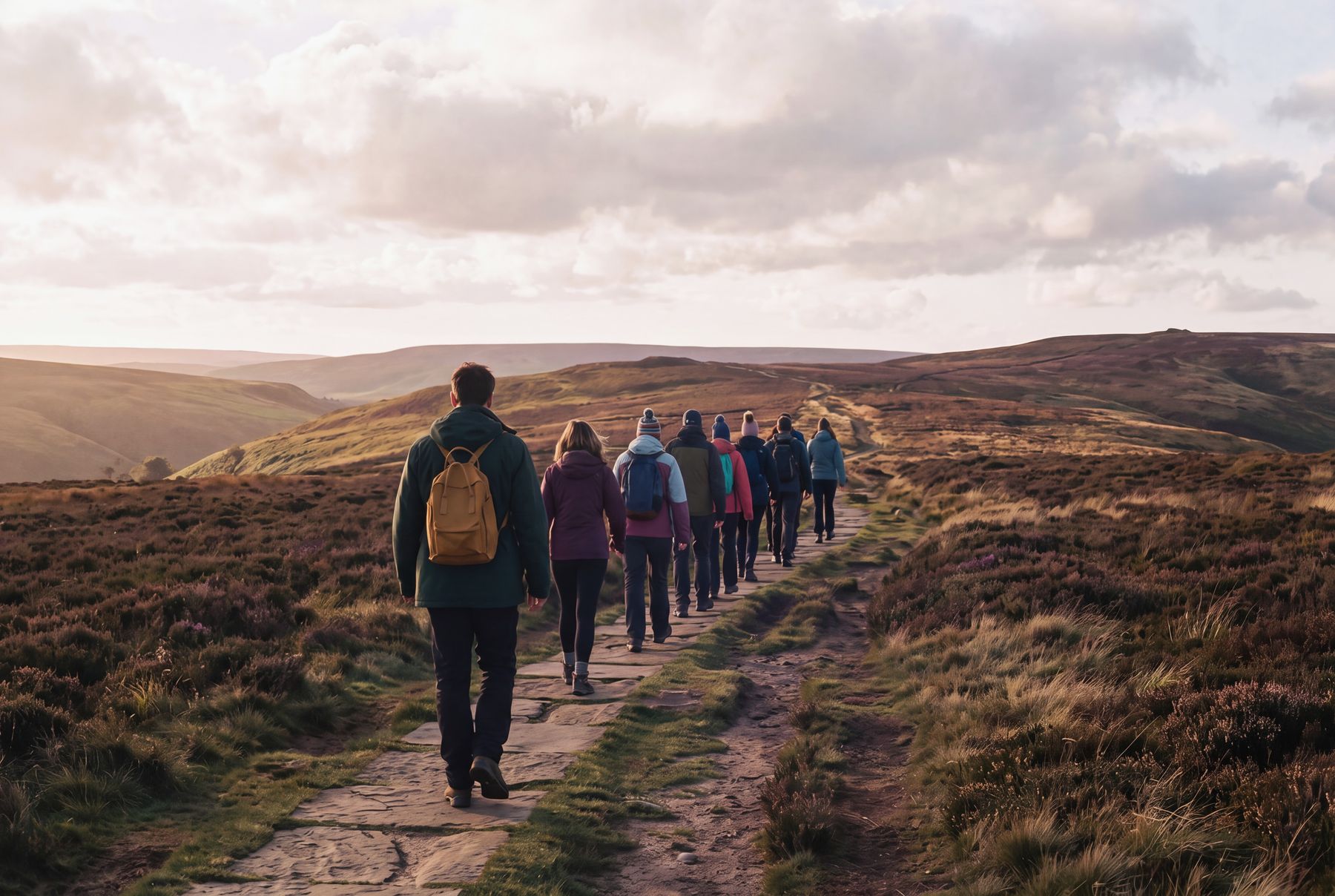 A group of walkers crossing open moorland in the Peak District