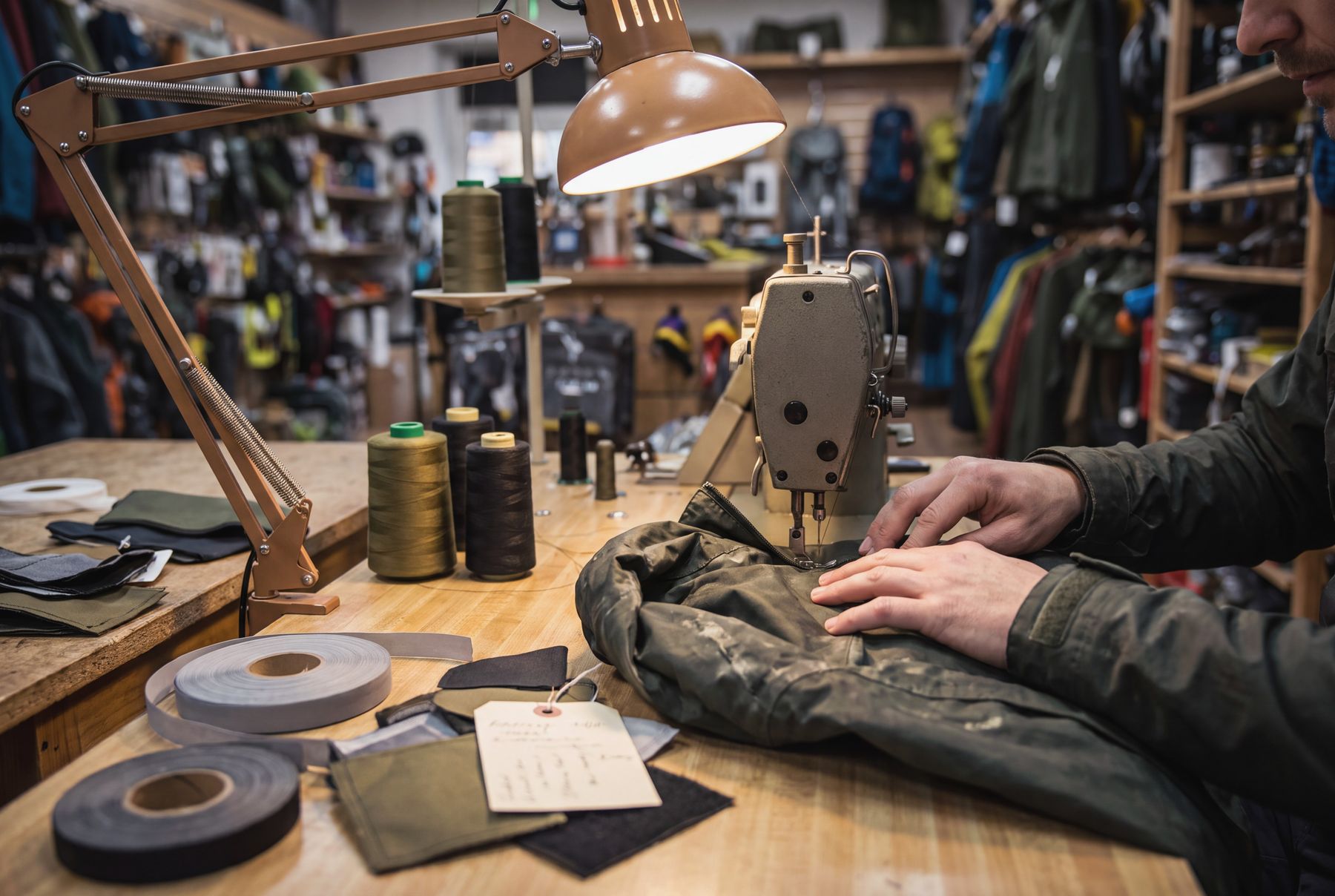 Hands sewing a green jacket at a repair bench