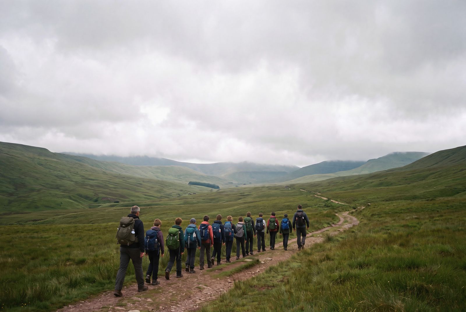 A school group walking a valley path in the Brecon Beacons