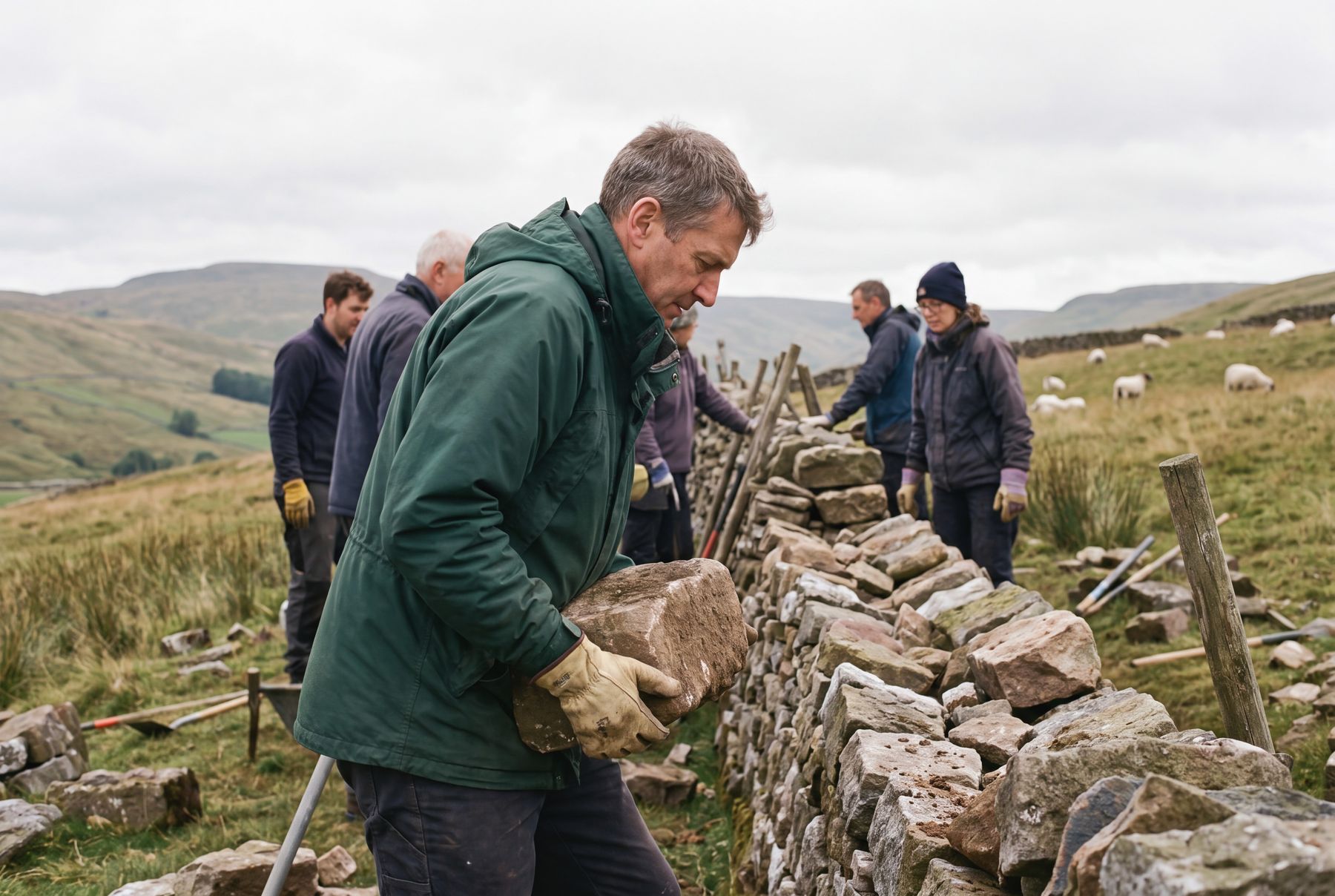 Volunteers rebuilding a dry stone wall in the Yorkshire Dales