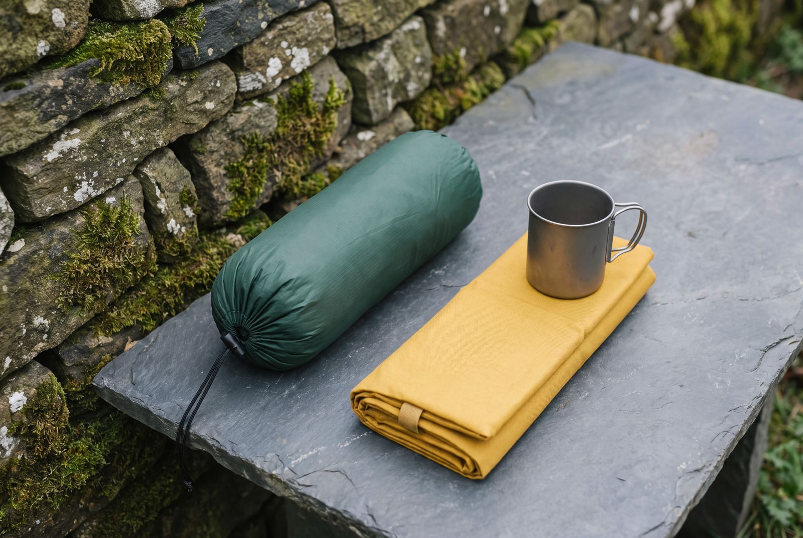 A packed lightweight tent, a mug and a yellow sit mat on slate
