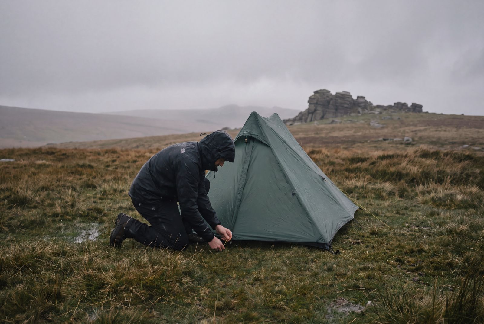 A tester pegging out a tent on Dartmoor in drizzle